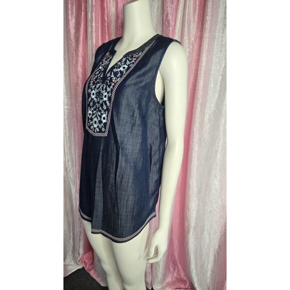 J.Jill Blue Denim Embroidered Floral Chambray Tunic Tank Top Size Small - Picture 6 of 13